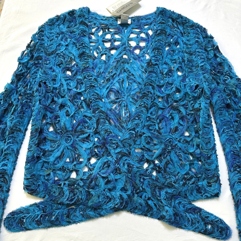 Chico's Silk Jacket Sz 0 S Talula Flower Bell Open Knit Boho Mermaidcore Artsy - Picture 8 of 12